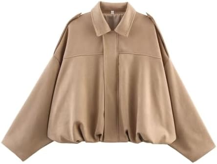 Women's Suede Bomber Jacket Casual Oversized Bell Sleeve Pleated Elastic Hem Coats Streetwear Y2k Jackets
