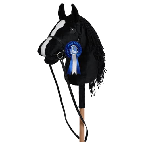 ROCK MY BABY Plush Hobby Horse for Kids 3+ Years Handmade Stick Horse Toy with Detachable Bridle and Removable Rosette Ribbon Ride-On Pretend Play Horse Black