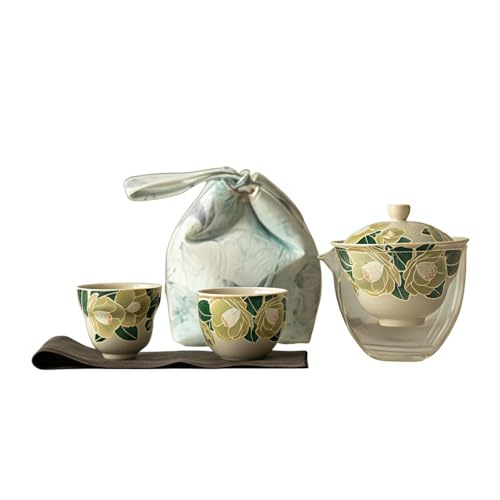 Vifxucy 茶器セット ティーセット 陶器 収納布袋付き 湯呑み セット ポータブルセラミック蓋碗湯呑 1〜2人用 おしゃれ 桜デザイン 積み重ね可能な収納 軽量でコンパクト お手入れ簡単 携帯用、旅行用、自宅用、贈り物 (グリーン)