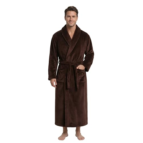 Image of FashGudim Mens Robes Big and Tall Full Length Plush Fleece Long Robe for Men Bathrobe Shawl Collar Warm Winter House Robes