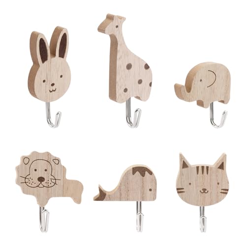 6 Stück Süße Tier Kindergarderobe Haken Selbstklebende Holz Kleiderhaken Kinder Garderobenhaken Kinder Kaninchen Giraffe Elefant Löwe Wal Katze Cartoon Wandhaken für Schlafzimmer Kinderzimmer Küche