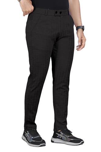 Image of Mehrang Men's Casual Textured Regular Fit Trousers, Formal Pants with Button Closure, Side Pockets, Polyester Trouser for Men