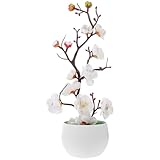 Cabilock Simulated Wintersweet Branches, Realistic Artificial Plum Blossom Bonsai Pots, Lifelike Faux Potted Plant Flowers Arrangement Indoor Decoration for Home Office Desk Decor, White