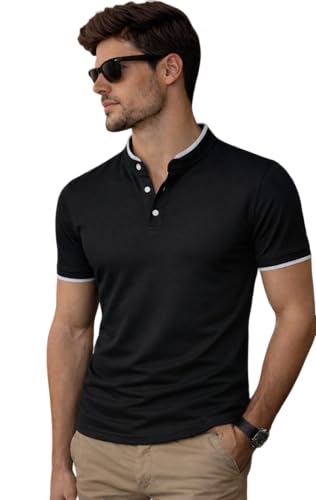 Image of Dagcros Men Polo T-Shirt, with White Trim, Short Sleeve, Button Collar Tshirt for Mens