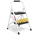 BONTEC 2-Step Ladder, Folding Step Stools for Adults with Wide Anti-Slip Pedals, Max Load Capacity 600lbs Sturdy Steel Ladder, Lightweight, Convenient Handle, Portable Steel Step Stool, White