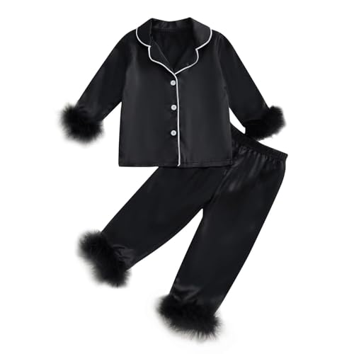 Teen Girls Silk 𝐏ajama Set Feather Trim Long Sleeve Button Down Shirts Pants 2Pcs 𝐏js Satin Loung𝐞wear Kid Sl𝐞epwear