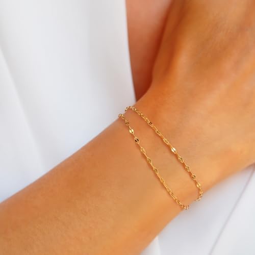 14K Gold Bracelets for Women Gold Chain Bracelets for Women Layered Bracelet Double-Layer Flat Diamond Cut Mirror Chain Design Double Layer Bracelet for Womens 6.7/7.5/8.3 inches4