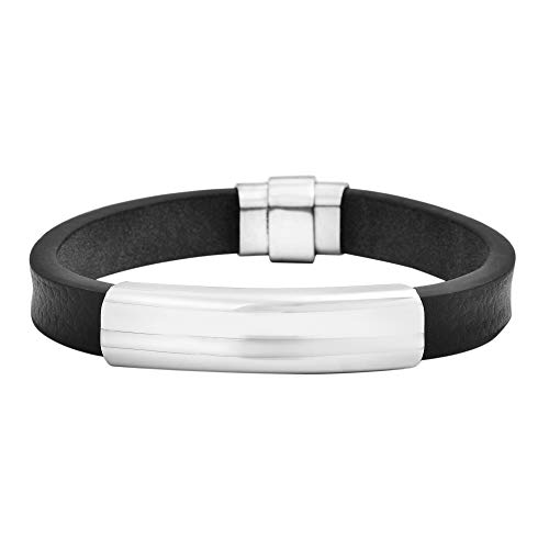 Geoffrey Beene Men's Genuine Leather Bracelet with Stainless Steel ID Plate and Magentic Closure, Black/Silver