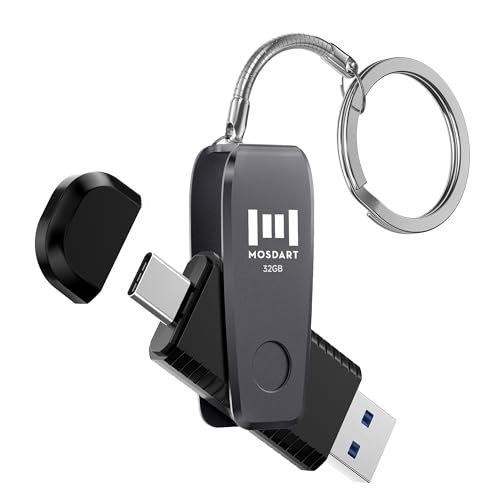 Image of MOSDART 32GB USB C and A 3.1 Dual Flash Drive with Keychain, Black | Fits Android Phones, iPhone 15, 16, 17, Macbook, iPad, For Photos and Videos, USB-C Port Protection, Phone Case Friendly