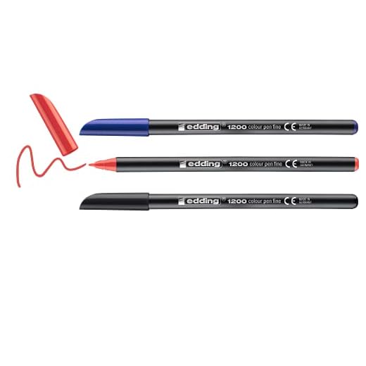 Edding 1200 rotulador de color de trazo fino - negro, rojo, azul - 3 rotuladores - punta redonda de 1 mm - marcador dibujar y escribir