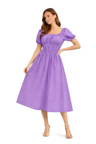 Image of BOOSTY Women's Puff Sleeve Smocked Midi Dress, Square Neck A-Line Dress