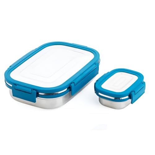 Image of Premium Stainless Steel Lunch Box, 1000ml + 200ml, Leakage Proof /Airtight Containers Large Lunch /Tiffin Box for Office, School Use, Bento Lunch Box for Men /Women, 4 Side Clip Lock Lid - Blue