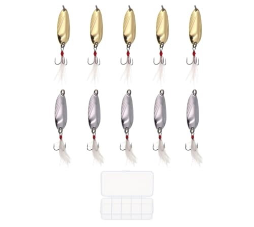 10 Piece Fishing Spoon Kit with Tackle Box – 5g Metal Trout & Panfish Lures – Treble Hook Micro Spoons for Trout, Crappie, Bass, Ice Fishing – Ultralight Casting & Jigging Lure Set