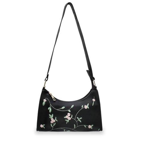 Bolsas de ombro transversais para mulheres, mini bolsas com estampa de bordado floral, bolsa de ombro pequena de poliuretano com fecho de zíper, Yue preta