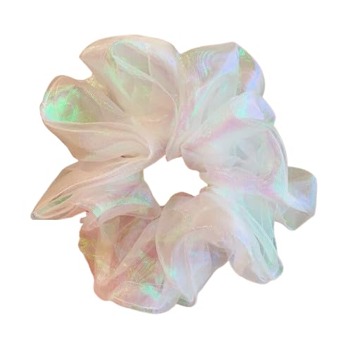 Shiny Sheer Holographic Scrunchie Reflective Cloud Scrunchie Organza Knotted Scrunchies Glossy Hair Bands Ties (White)-image-16