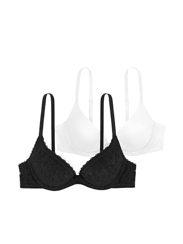 Dorina Damen Sonia Push-Up-BH 2er-Pack – Bügel-BHS mit Geformten Cups, Spitze und Glattem Mikrogewebe für Hebung und Komfort, Schwarz und Weiß
