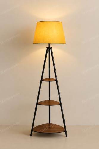 Image of Aesthetic Yellow Metal Floor Lamp with 3 Shelves Stylish Standing Lamp for Living Room Decoration Bedroom Bedside Corner Stand