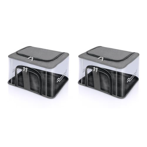 INNWYN Clothes Storage Box with Transparent Layer, Grey Fabric Organizer for Trousers, Shirts, Saree, Bedsheets, 44x31x24 cm, Dual Zipper (Pack of 2)