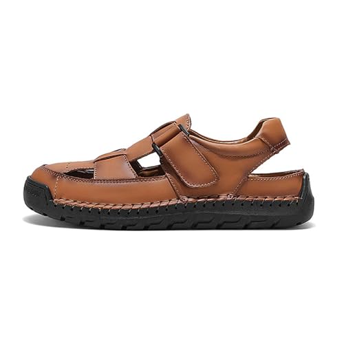 Men's Leather Hook and Loop Soft Bottom Sandals Round Toe Cutout Hand Sewing Non Slip Fisherman Sandals for Outdoor Beach Daily2