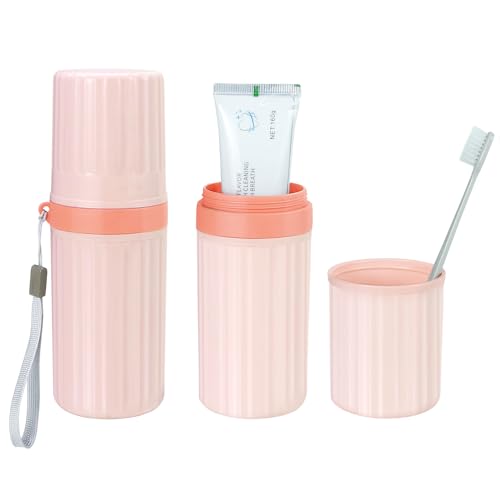 Image of Mulbozy Travel Toothbrush Holder, Large Travel Toothbrush Cup Case, Portable Travel Toothbrush Toothpaste Makeup Storage for Business Trip Camping School - Pink