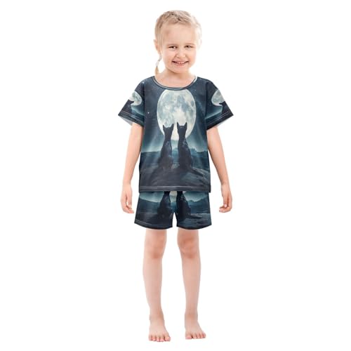 ALAZA Dog Moon Night Pajamas Set Short Sleeve Cotton Sleepwear Summer Pjs 2 Piece 5-14Y3