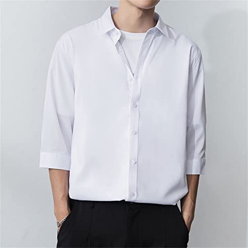 DGHM-JLMY Men's Casual Ice Silk Fashion Shirt Cropped Sleeves Loose Solid Color Shirt Summer Thin Button Down Shirt2