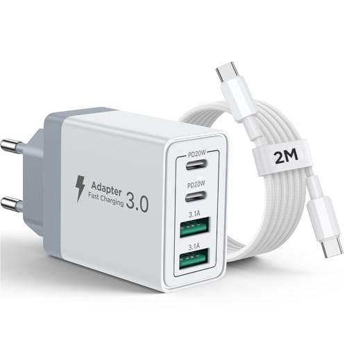 Caricatore USB C Rapido Caricabatterie 40W 4Porto Presa Caricatore USB Multiplo Carica Cellulare Spina Adattatore Alimentatore con 2M Cavo USB C per iPhone 16 15 14 13 12 Pro Max Plus Samsung S24 S23