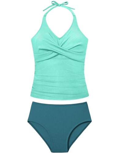 Image of Girls Swimsuits 2 Piece Halterneck Bathing Suit Criss Cross Ruched Printed Tankini Swimwear Set for 9-16 Years