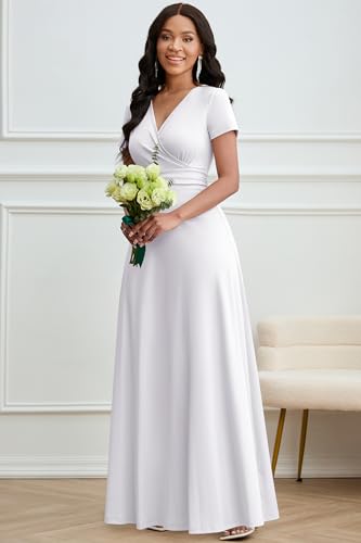 CLOCOR Maxi Dress for Women Long Formal Short Sleeve A Line V Neck Dresses Wedding Guest High Waist Elegant3