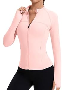 Tisfeer Damen Sportjacke Laufjacke Langarm Sport T-Shirt Gym Tops Yoga Fitness Oberteile Leicht Trainingsjacke mit Daumenloch und Zwei Reißverschlusstaschen Rosa S