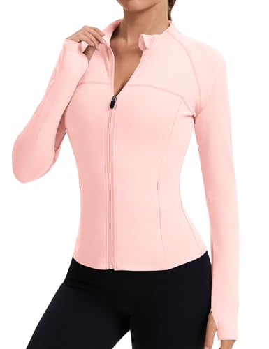 Tisfeer Damen Sportjacke Laufjacke Langarm Sport T-Shirt Gym Tops Yoga Fitness Oberteile Leicht Trainingsjacke mit Daumenloch und Zwei Reißverschlusstaschen Rosa S