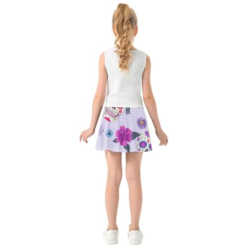 Kids Tennis Skirts Colorful Sugar Skull Floral Purple Girls Skorts Athletic Shorts Neon Flowy Skort 4t4