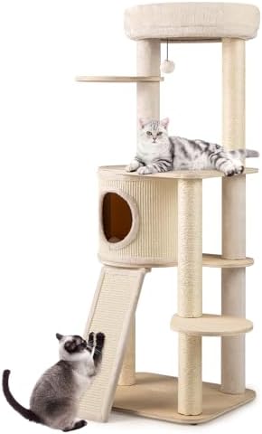 COSTWAY Arbre a Chat XXL 143 cm, Arbre a Chat Bois, Planche et Poteaux à Griffer en Sisal, 6 Plateformes, Condo, Tour pour Chaton, Coussins Amovible et Lavable, Pompon Suspendu