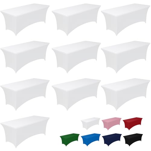 Pureegg Spandex Tablecloth 6ft - 10 Pack, Fitted and Tight Cloth for Rectangle Table, Wrinkle-Free and Stretch Table Cover for Party, Wedding, Banquet and Birthday, White