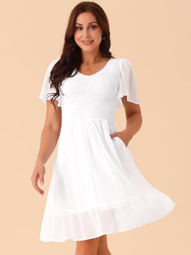 Image of Seta T Women's Summer Chiffon Dresses Smocked V Neck Flutter Short Sleeve Flowy Casual Dress with Pockets