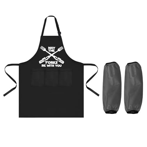 Godneei Kochschürze Herren mit 2 wasserdichten Ärmeln – Grillschürze für Männer, verstellbare Schürze Schwarz 70x80 cm mit Taschen – BBQ Küchenschürze für Grill & Küche