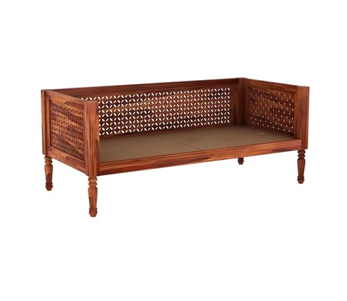 Image of ONIJA Solid Sheesham Wood Diwan Sofa Cum Bed Without Cushion | Traditional Wooden Daybed with Carved Backrest | 3 Seater Sofa for Living Room, Bedroom & Home (Honey Finish)