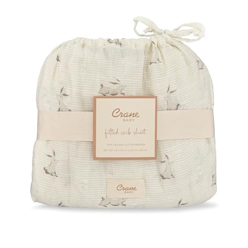 Image of Crane Baby 100% Organic Cotton Gender Neutral Animal Nursery Bedding, Fitted Sheet, Soft Breathable GOTS Certified Cotton, Bunny Crib Sheet