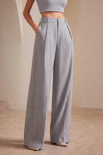 Image of KOTTY Women's Tailored Wide Leg Pinstripe Pants - High Waisted Straight Fit Work Trousers with Pockets, Elegant Office & Business Casual Wear