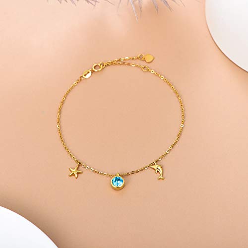 Sisgem 14K Yellow Real Gold Textured Dolphin Dangle Charm Bracelet For Women,Starfish Drop Bracelet With 5A Sea Blue Zircon Fine Jewelry Gifts For Her (14K-Yellow) #TOP3