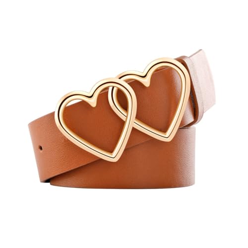 Women's Leather Belt for Jeans & Dresses – Fashion Casual Waist Belt with Metal Double Heart Buckle3