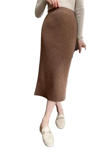 Women Winter 100 Percent Merino Wool Skirts Office Striped Cashmere Elastic Waist Solid Skirt