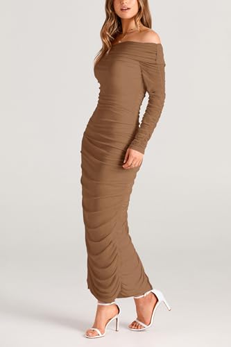 PRETTYGARDEN Women's Fall Off The Shoulder Maxi Dress Spring Long Sleeve Ruched Fitted Bodycon Club Dresses with Slit