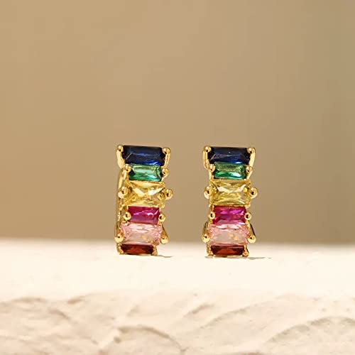 Dainty Chunky Rainbow Cubic Zirconia 14K Gold Plated Small Cartilage Cuff Hoop Earrings for Women Teen Girls Fashion 925 Sterling Silver Post Multicolored CZ Tiny Round Circle Sleeper Tragus Thick3