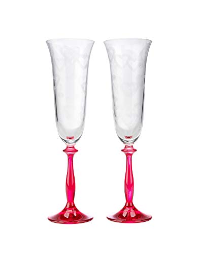 Crystalex Bohemia LOVE 6-Ounces Crystal Champagne Glass Set with a Red Stem, Footed Sparkling Wine Glass Set, Romantic Crystalware Gift, Heart-Shaped Pattern, Stemmed Flutes Set, 2 Piece Set