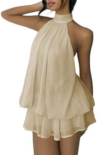 SHINFY Women Chiffon Halter Cocktail Dresses for Wedding Guest Ruffle Mini Beach Vacation Birthday Dresses Beige