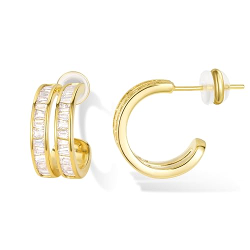 KissYan Hoop Earrings for Women, 14K Gold Plated Open Double/Triple Huggie Earrings Sterling Silver Post Cubic Zirconia Fashion Lightweight Trendy Jewelry Gifts