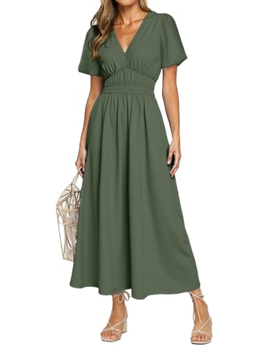 Image of Simplee Women's Summer Flowy Midi Dress Casual V Neck Short Sleeve Empire Waist Boho Beach Dress Wedding Guest Maxi Dress
