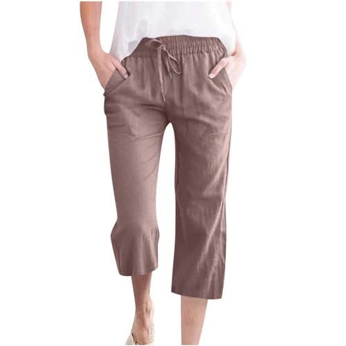 Generic Capri Pants for Women 2024 Summer Casual Drawstring High Waist Linen Pants Straight Wide Leg Capris Cropped Trousers