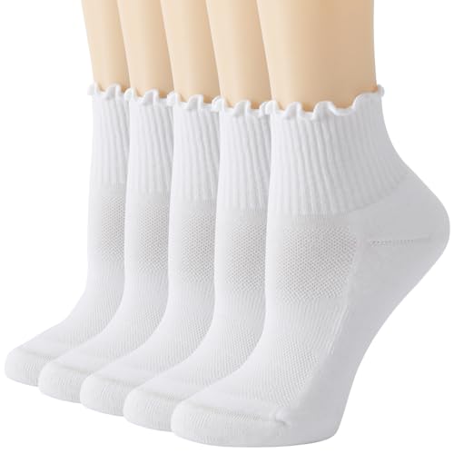 LOOMPOP Womens 5/6 Pairs Ruffle Athletic Quarter Ankle Socks Cotton Cushioned Running Tennis Cute White Frilly Socks (US Numeric 5-9 Regular Regular 5*White)